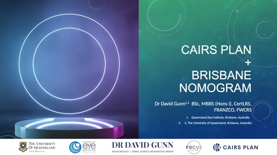 Dr David Gunn's title slide — “CAIRS Plan + Brisbane Nomogram”, ANZ Cornea Society 2025