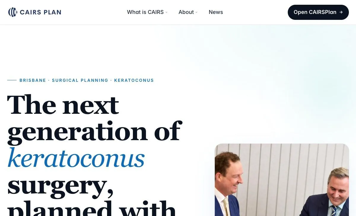 The cairsplan.com home page: the next generation of keratoconus surgery, planned with the Brisbane nomogram.