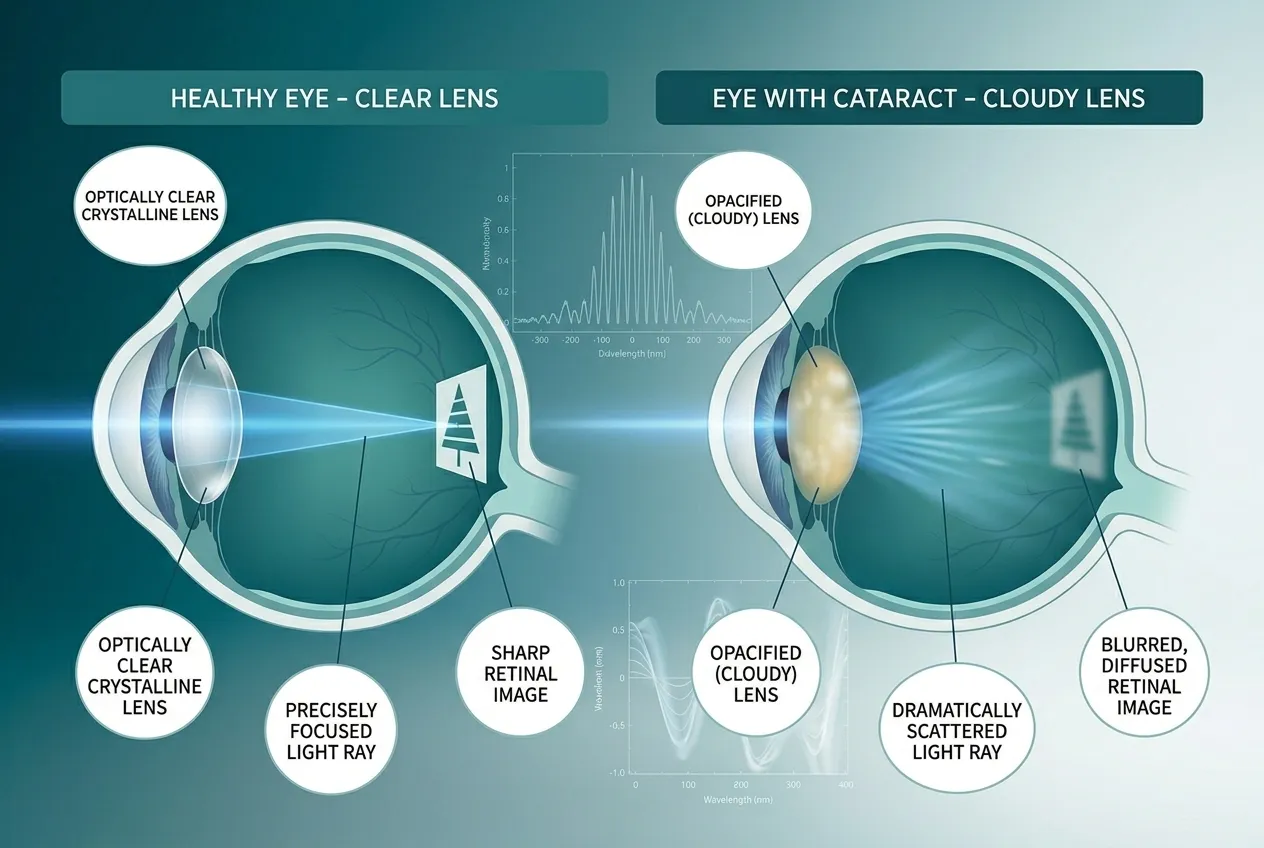 Diagram comparing a healthy clear eye lens vs a cloudy cataract lens and scattered light rays.