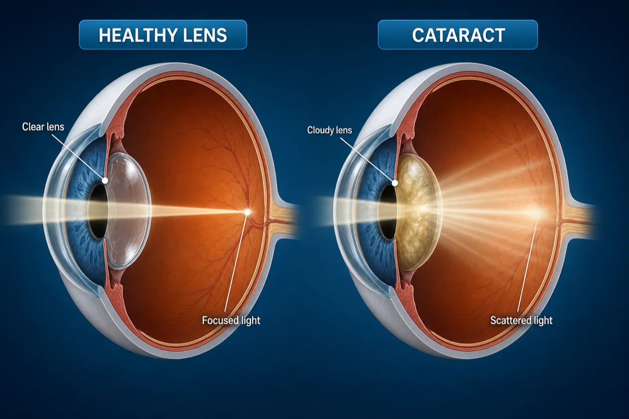 Diagram comparing a healthy clear eye lens vs a cloudy cataract lens and scattered light rays.