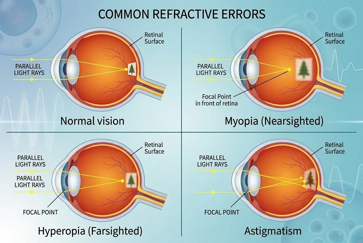 Medical diagram showing light focal points for normal vision, myopia (nearsighted), hyperopia (farsighted), and astigmatism.