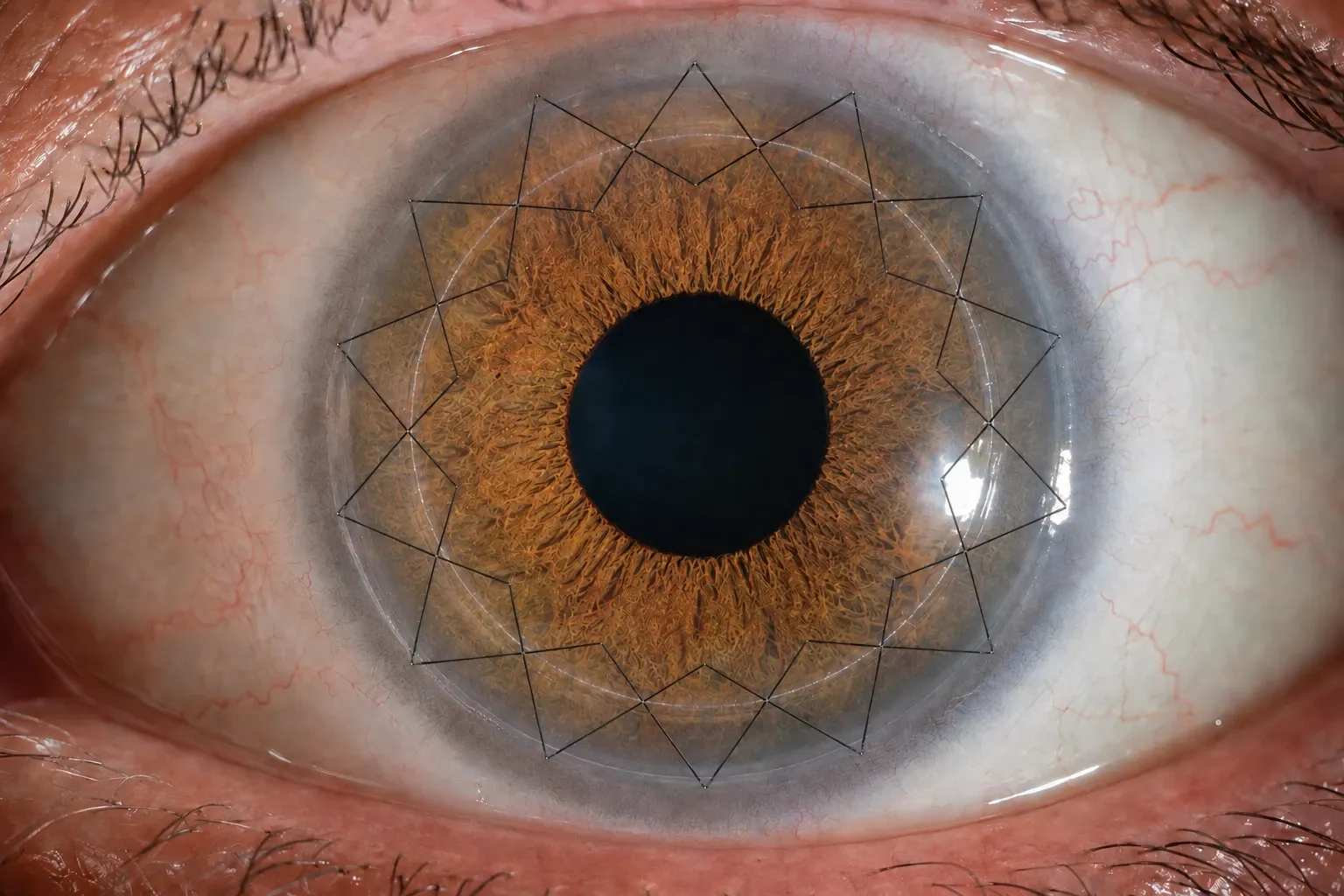 Close-up of an eye after a corneal transplant, the circular donor cornea held in place with a fine double continuous running suture.