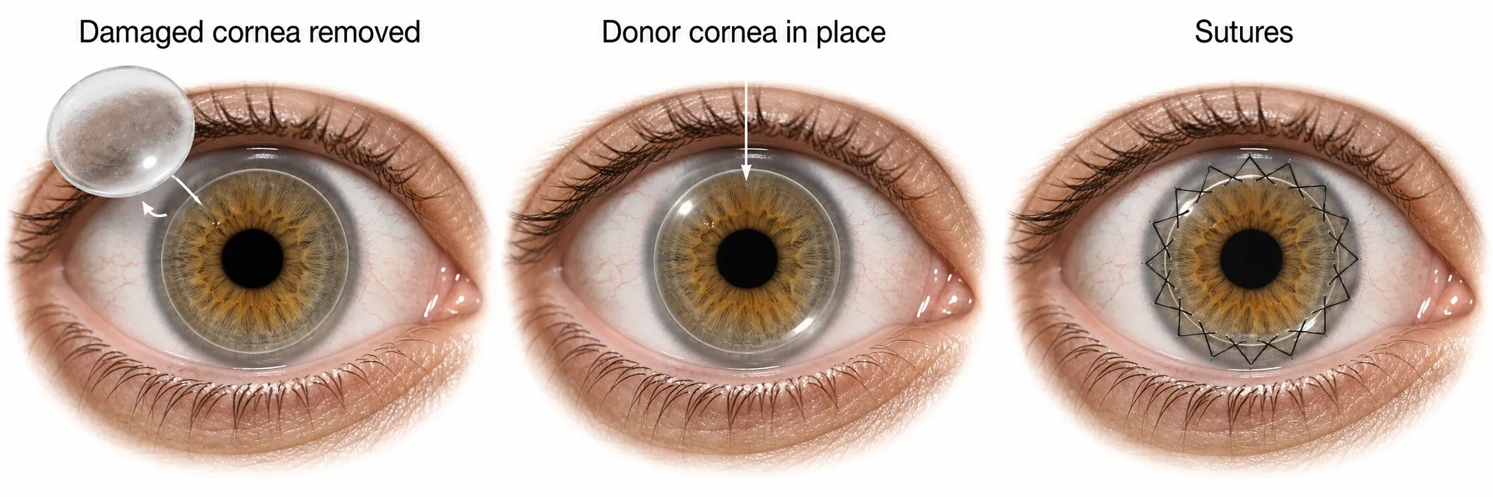 Three steps of a corneal transplant: the damaged cornea is removed, a clear donor cornea is placed over the iris, and it is held with a fine double continuous running suture.