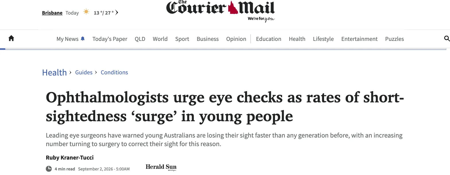 The Courier-Mail article header: the headline reads Ophthalmologists urge eye checks as rates of short-sightedness surge in young people, under the Courier-Mail masthead, with the standfirst, Ruby Kraner-Tucci's byline and the 2 September 2026 date.
