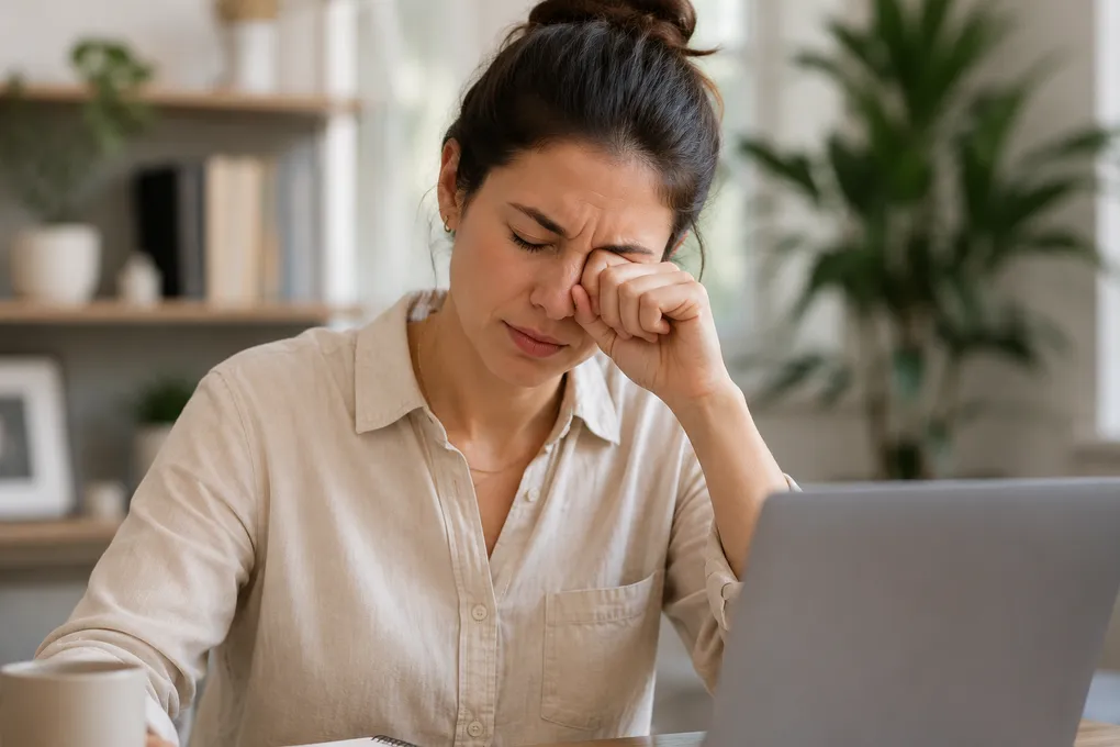 Woman rubbing an irritated eye while working at a laptop, illustrating the potential effects of frequent eye rubbing on corneal health and keratoconus.