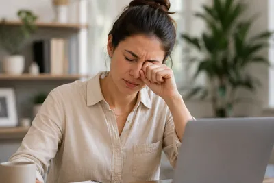 Woman rubbing an irritated eye while working at a laptop, illustrating the potential effects of frequent eye rubbing on corneal health and keratoconus.
