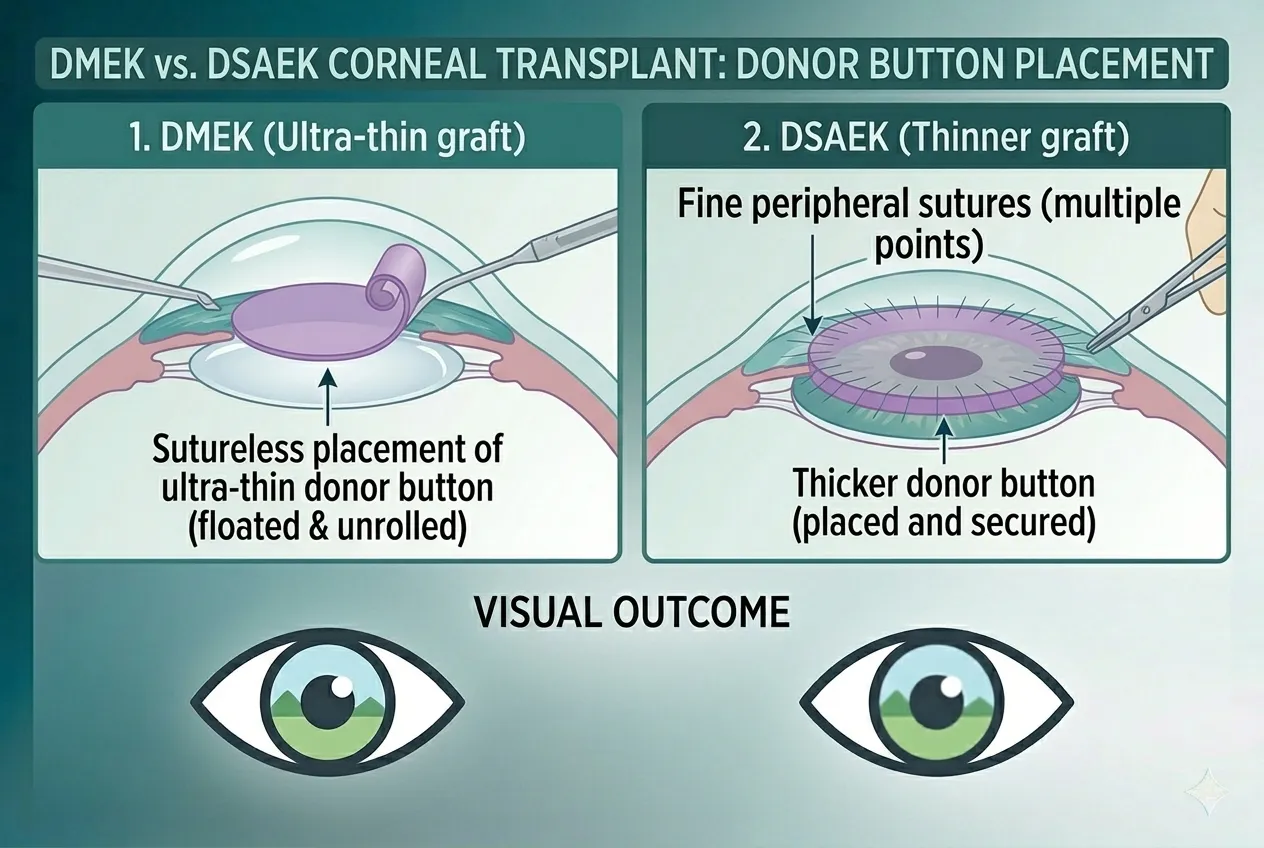 Comparison of DMEK ultra-thin graft and DSAEK sutured corneal transplant surgical techniques.