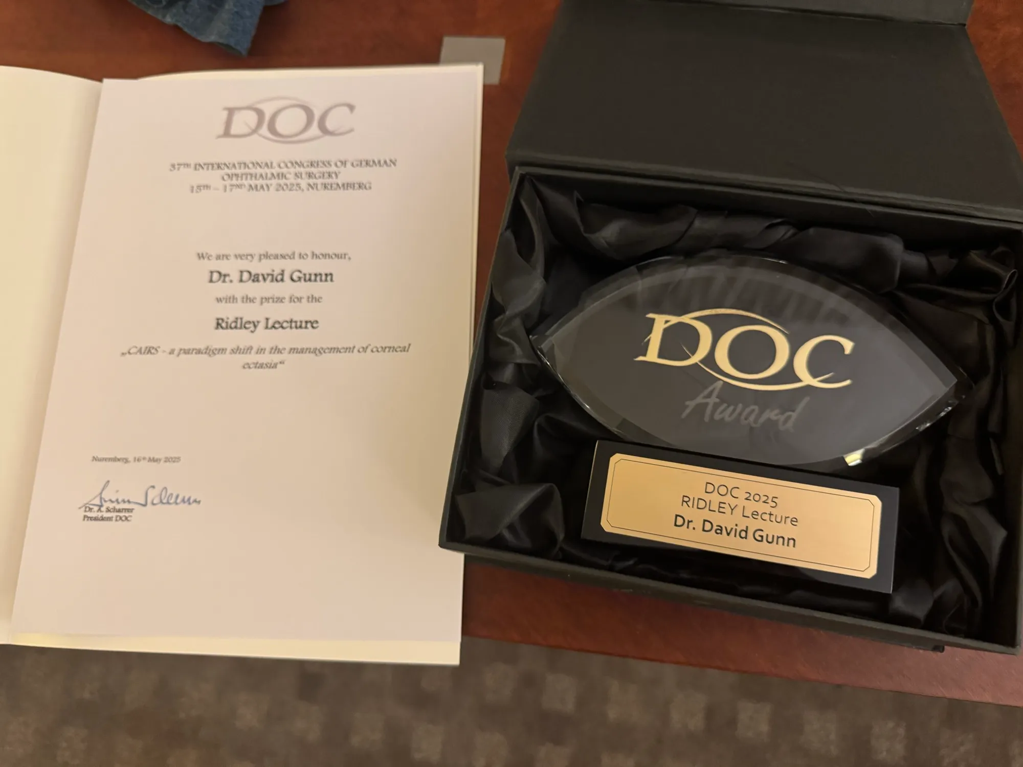 The DOC 2025 Ridley Lecture award and citation presented to Dr David Gunn in Nuremberg on 16 May 2025.