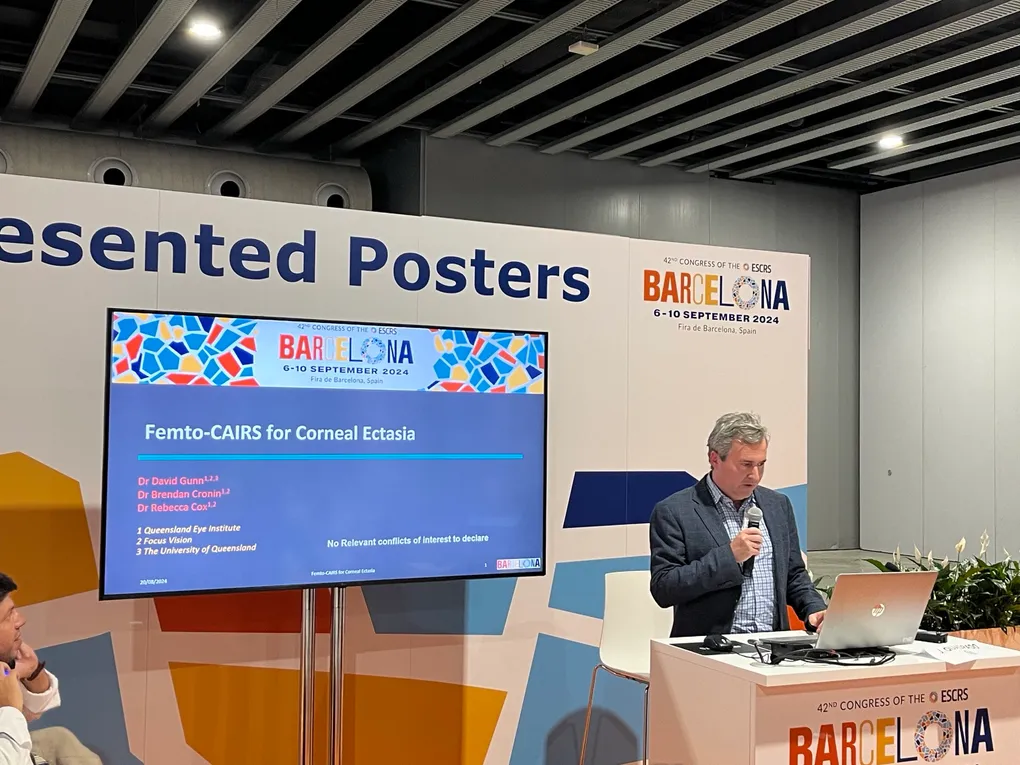 Dr David Gunn presenting Femto-CAIRS for corneal ectasia at the presented poster pod, 42nd ESCRS Congress, Barcelona 2024.