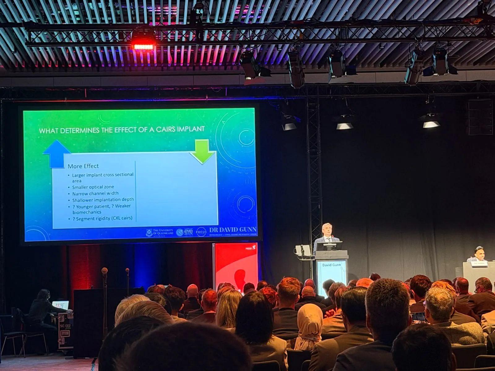 Dr David Gunn at the lectern of the Ziemer symposium, presenting the slide What Determines the Effect of a CAIRS Implant to a full room.