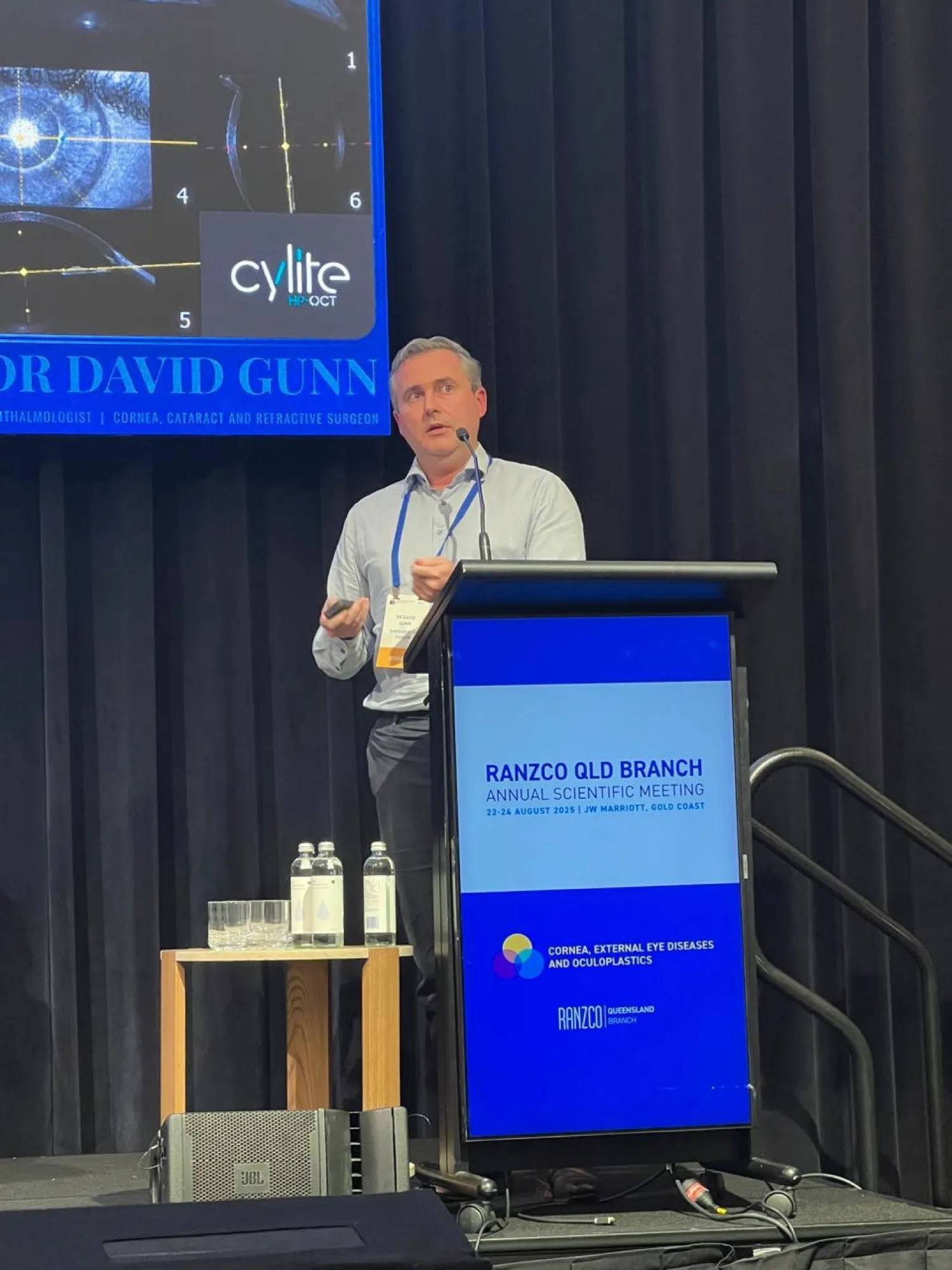 Dr David Gunn at the lectern during the RANZCO Queensland Branch Annual Scientific Meeting 2025 at the JW Marriott Gold Coast.