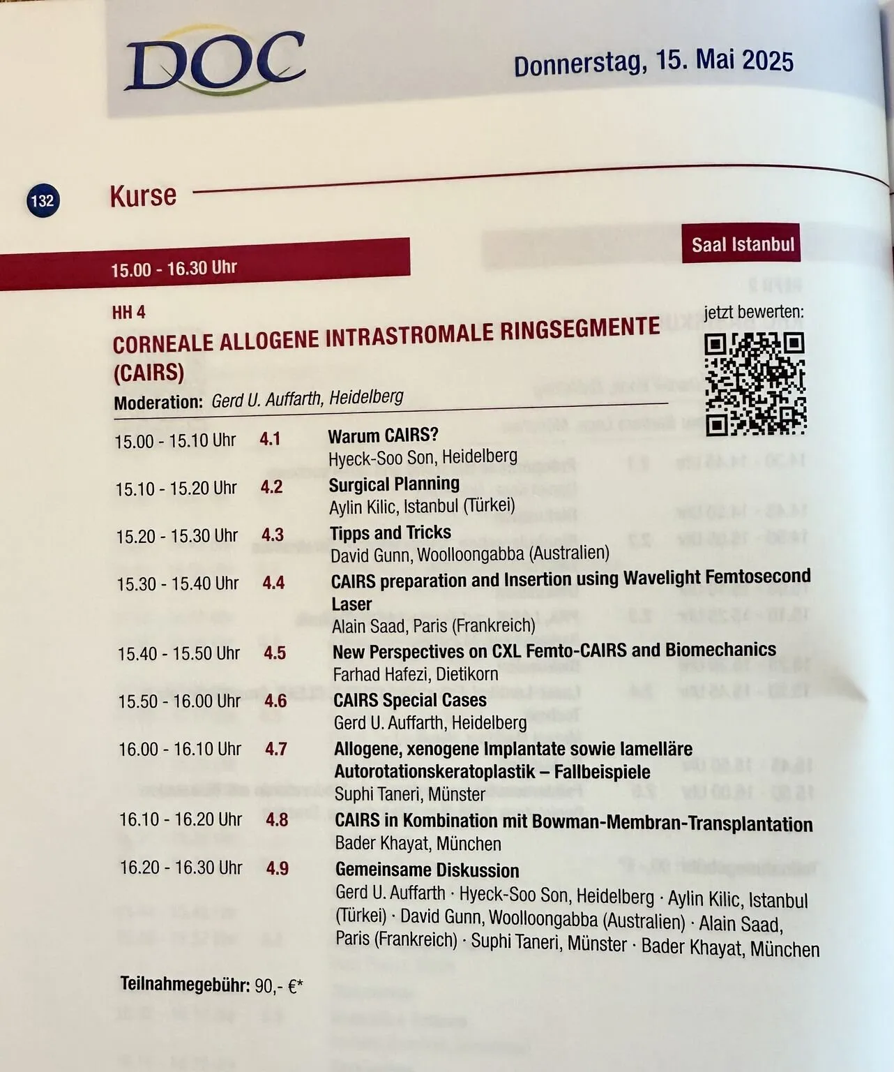 German Ophthalmic Society (DOC) 2025 program schedule showing Dr. David Gunn's presentation on CAIRS.