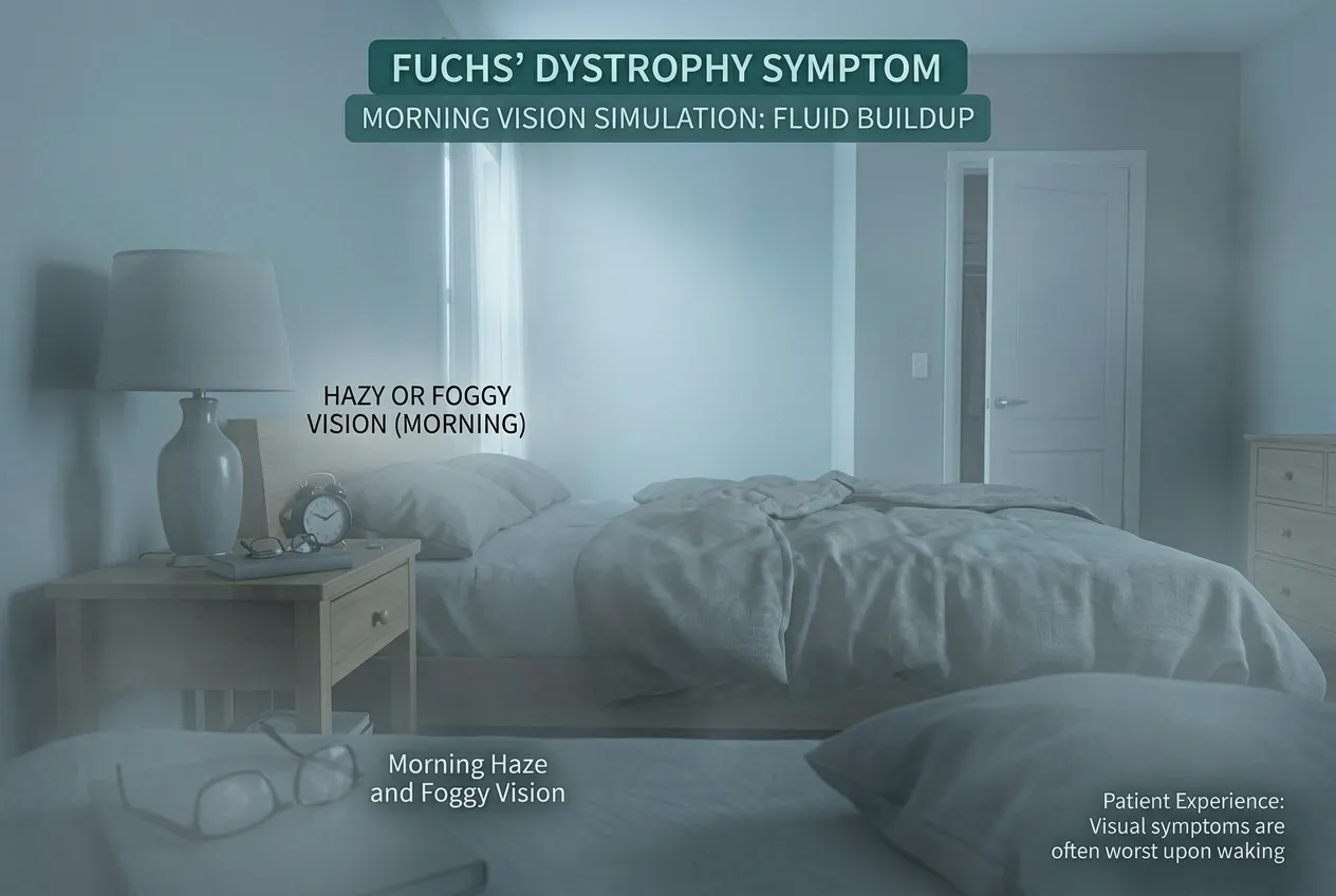 Visual simulation of hazy morning vision and foggy fluid buildup caused by Fuchs’ Dystrophy.