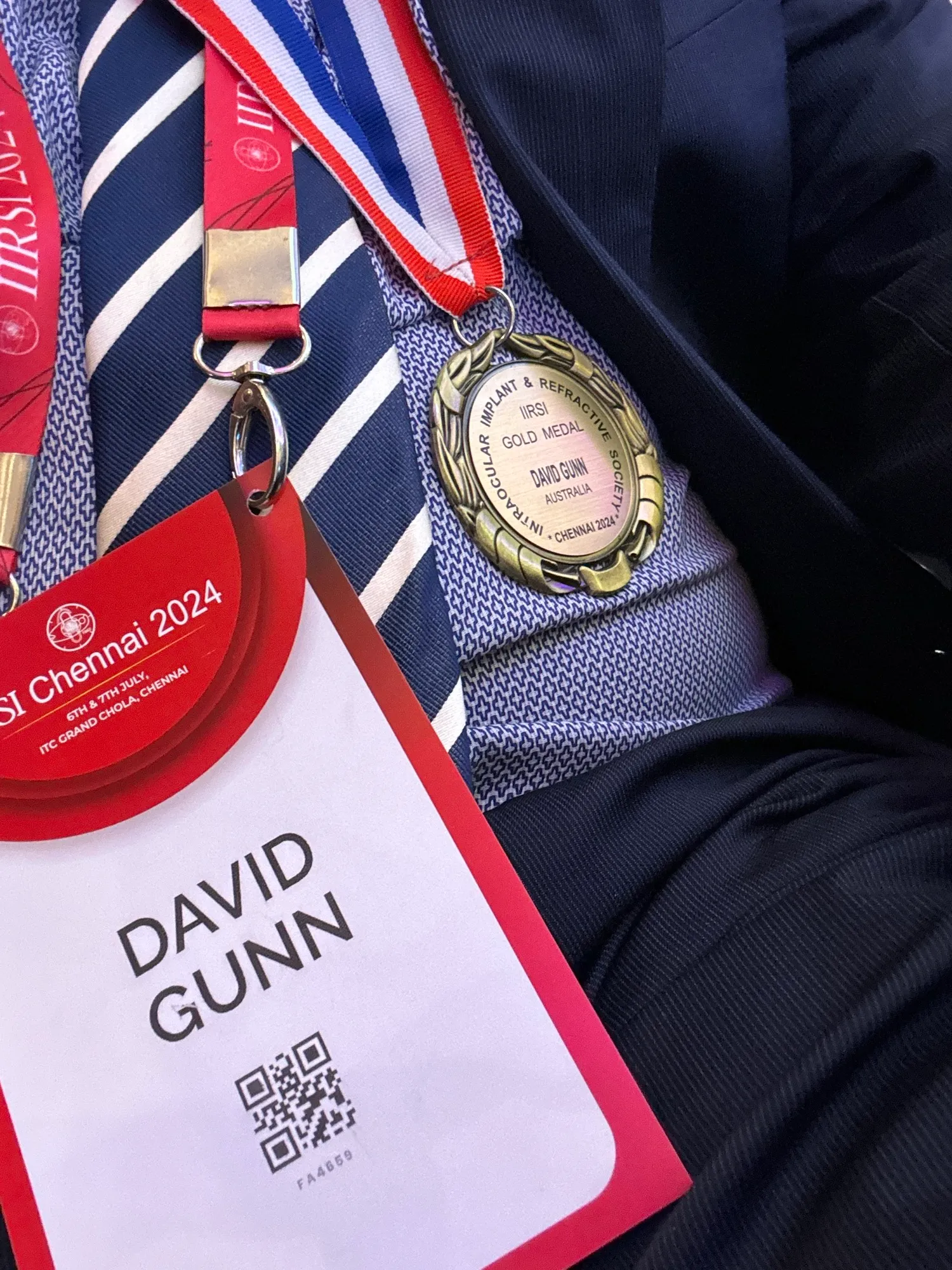 The IIRSI Gold Medal awarded to Dr David Gunn, engraved Intraocular Implant and Refractive Society, David Gunn, Australia, Chennai 2024.