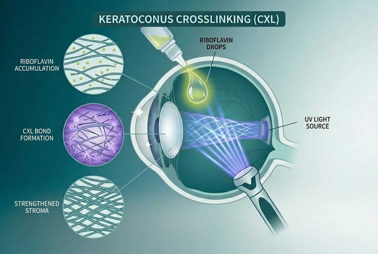 Keratoconus Crosslinking (CXL) procedure using riboflavin eye drops and UV light to strengthen the cornea.