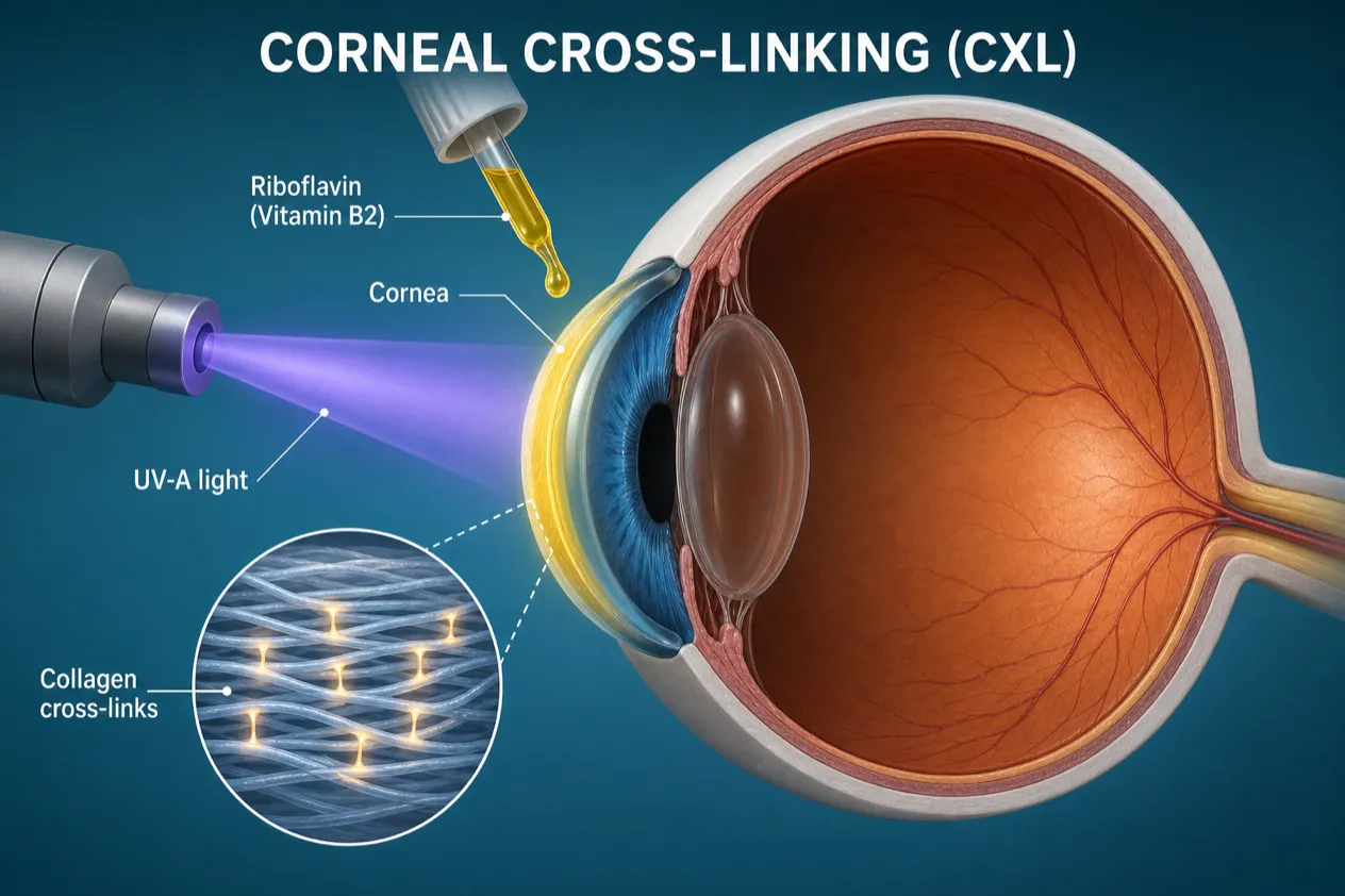 Corneal cross-linking (CXL) procedure using riboflavin eye drops and UV light to strengthen the cornea.
