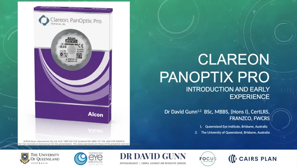 Dr David Gunn's title slide — “Clareon PanOptix Pro: Introduction and Early Experience”