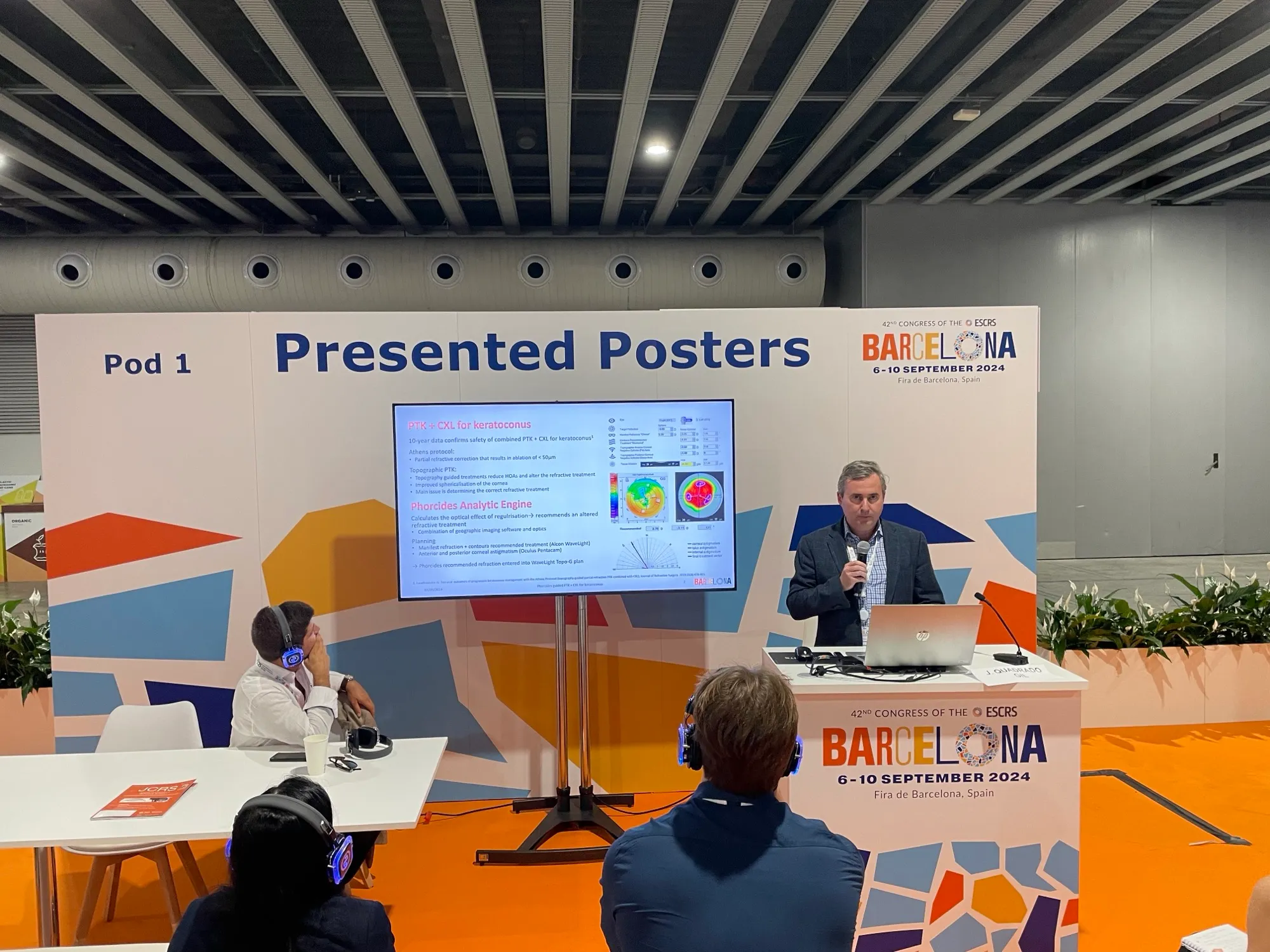 Dr David Gunn presenting Phorcides-guided PTK with cross-linking for keratoconus at ESCRS Barcelona 2024.
