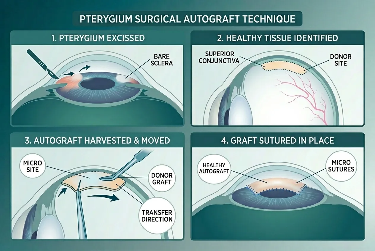 Steps of pterygium surgery showing excision, donor graft harvesting, and micro-suture placement.