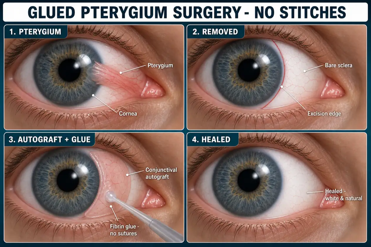 Four-step diagram of sutureless pterygium surgery: the nasal pterygium, removal leaving bare sclera, a conjunctival autograft secured with fibrin glue (no stitches), and the healed eye.