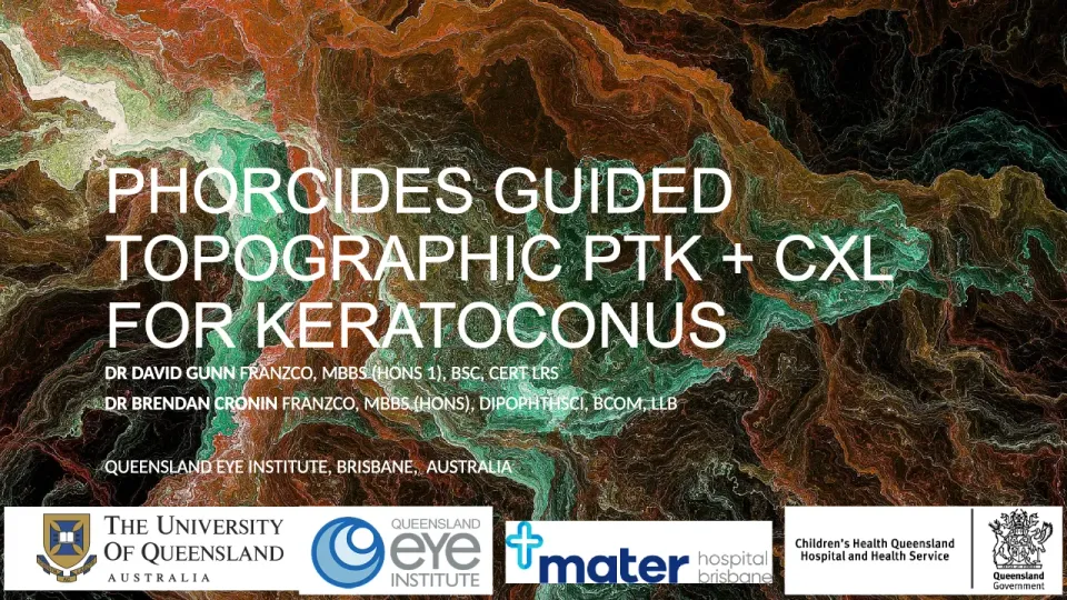 Title slide — “Phorcides-Guided Topographic PTK + CXL for Keratoconus” (Gunn & Cronin), RANZCO 2022