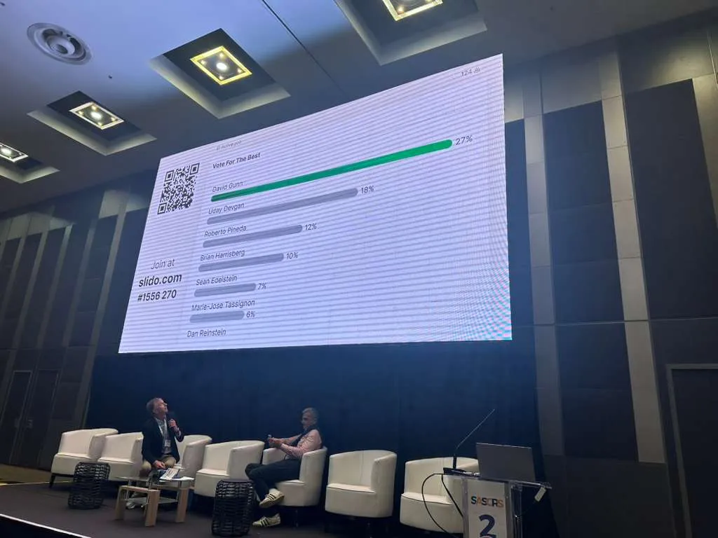 Slido audience poll on screen at the SASCRS 2026 Top Tips session showing David Gunn first on 27 per cent, ahead of Uday Devgan, Roberto Pineda, Brian Harrisberg, Sean Edelstein, Marie-José Tassignon and Dan Reinstein.